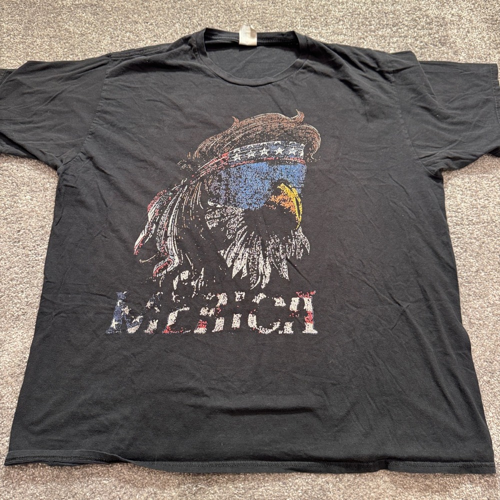 Vintage Merica Eagle Mullet Y2K Port & Company Shirt Mens XL Black Cotton Grunge